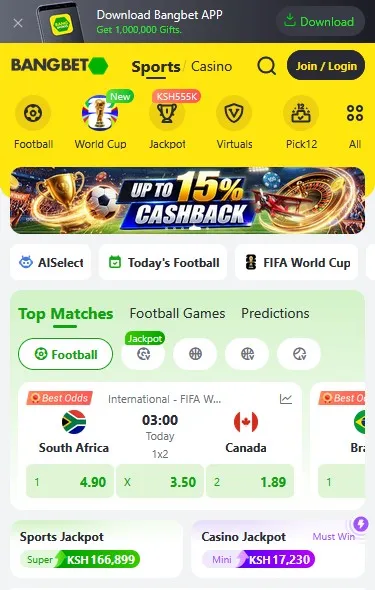 Bangbet Kenya betting and casino interface on a mobile screen